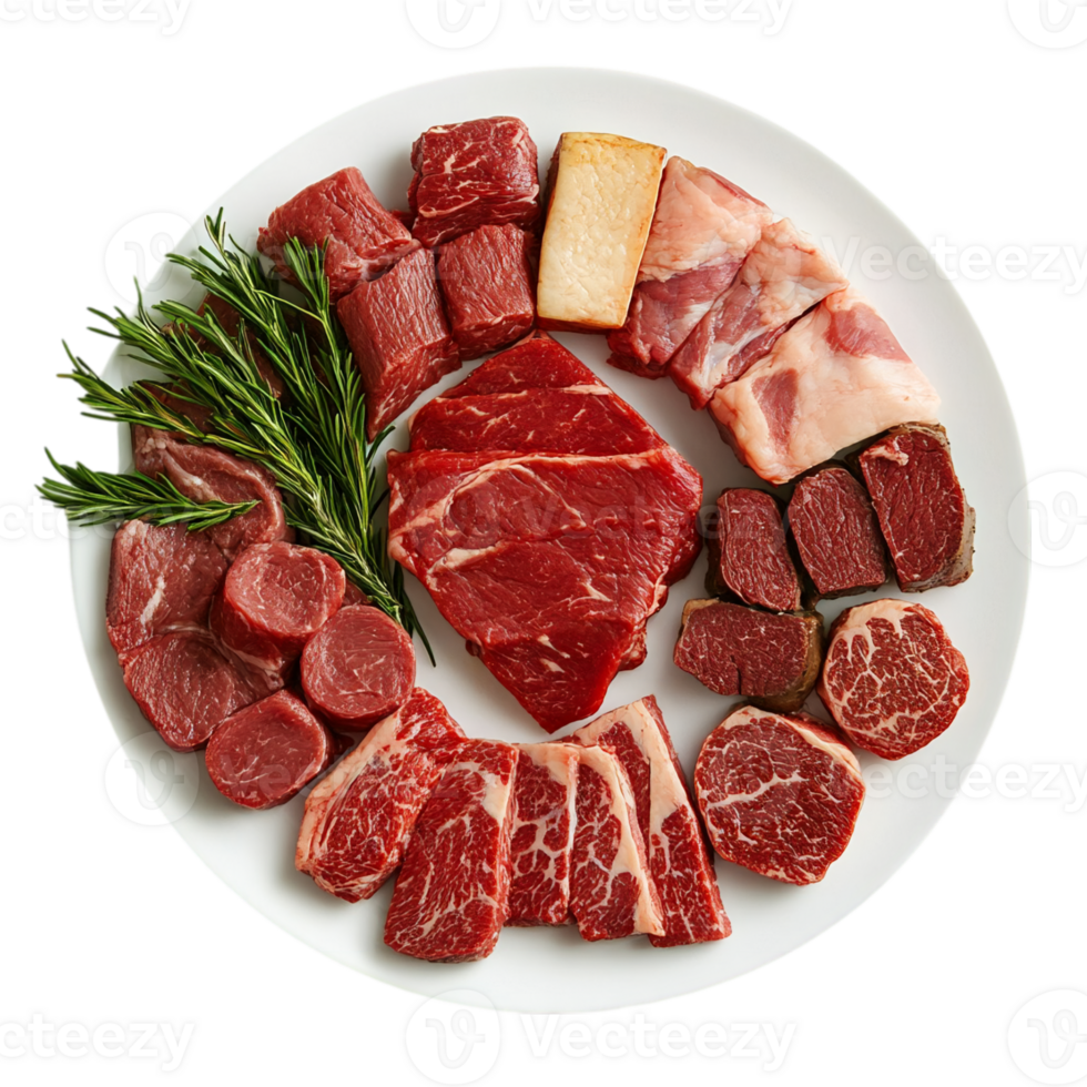 Selection of raw beef cuts on a white plate isolated on transparent background png