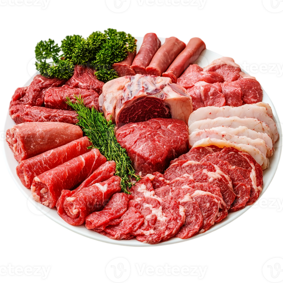 Assortment of fresh raw meats platter closeup isolated on transparent background png