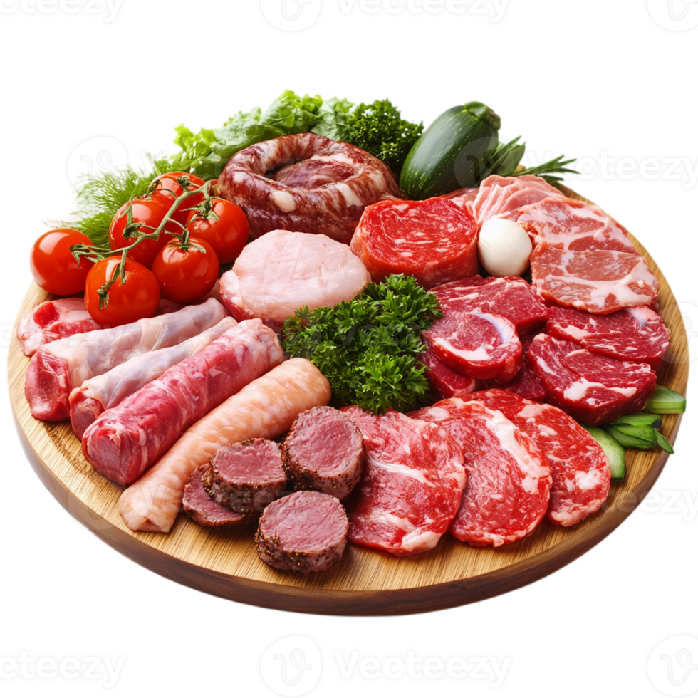 Assortment of fresh meats on a wooden platter isolated on transparent background png