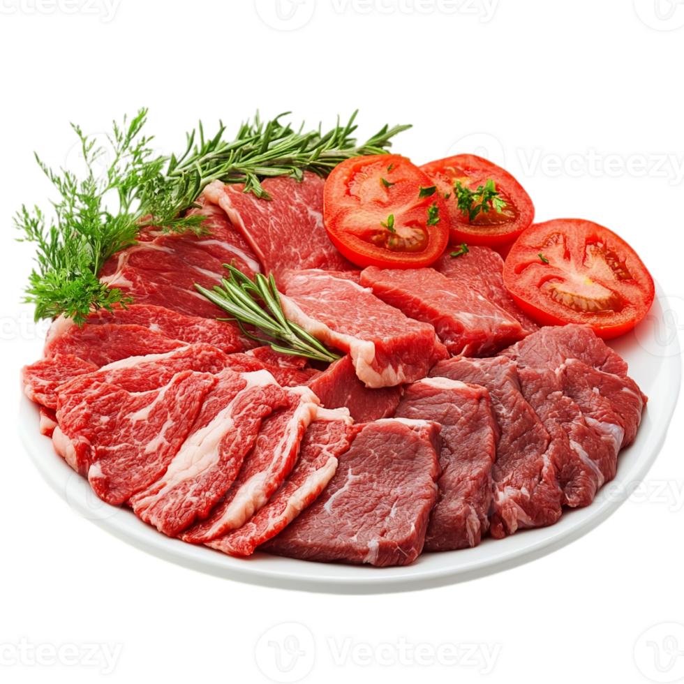 Raw beef steak with tomato and herb garnish isolated on transparent background png