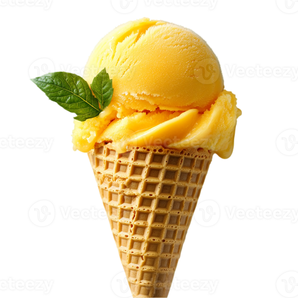 Delicious yellow icecream cone on black backdrop isolated on transparent background png