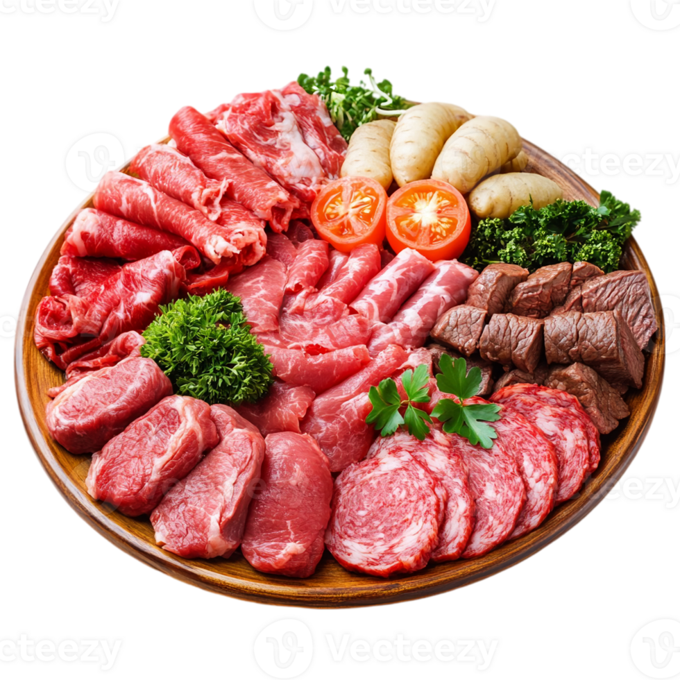 Assorted raw meats and veggies on wood plate isolated on transparent background png