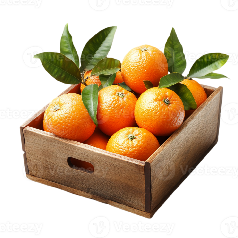 Fresh tangerines in a wooden crate harvest isolated on transparent background png