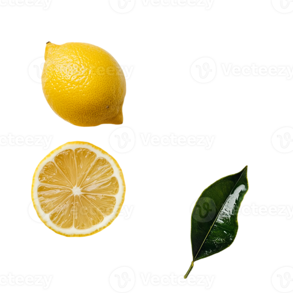 Fresh lemons and leaf on a black background isolated on transparent background png
