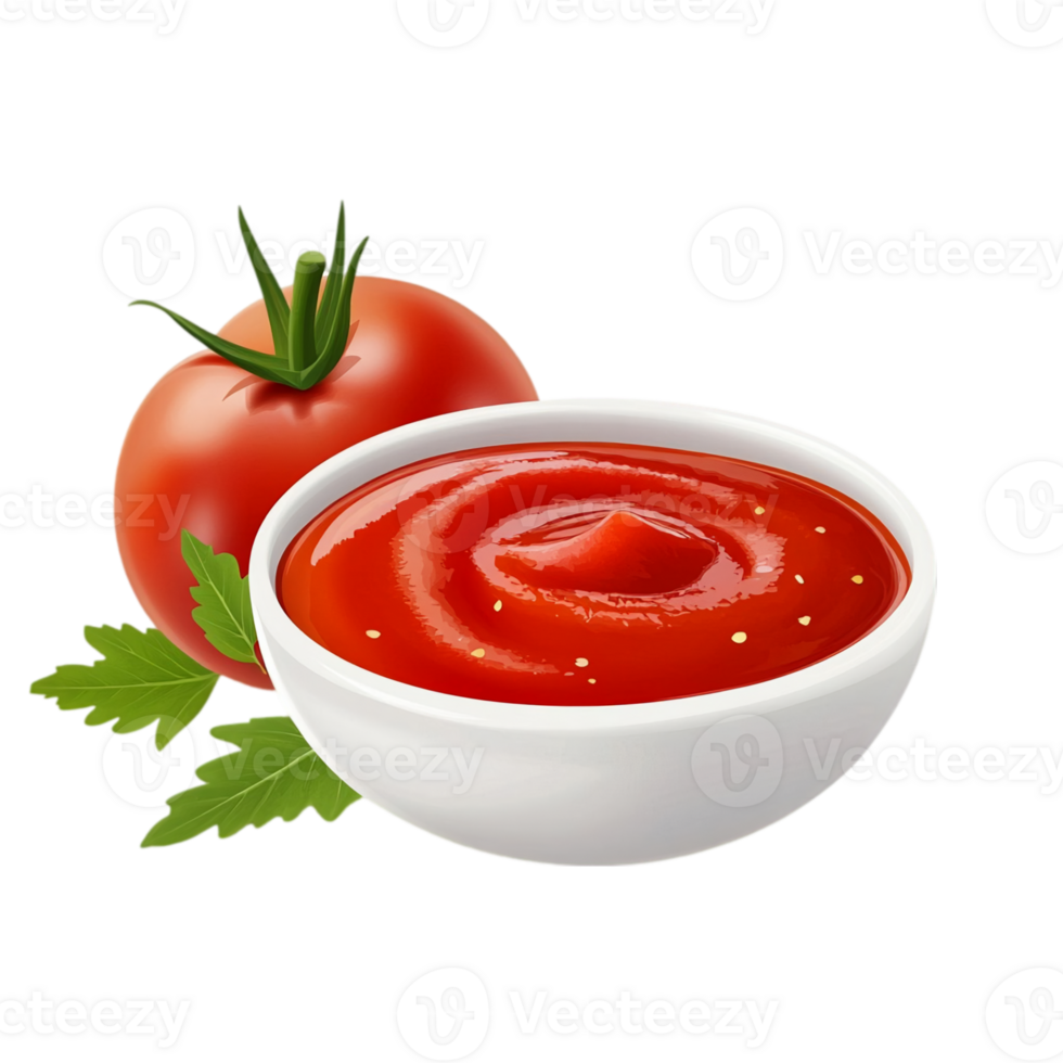 Fresh tomato sauce bowl with whole tomato fruit isolated on transparent background png