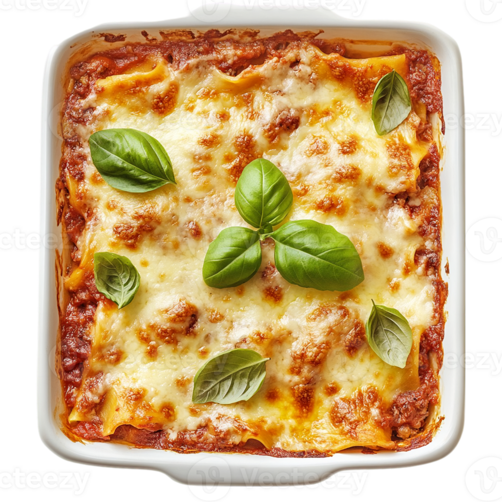 Freshly baked lasagna with basil topping dish isolated on transparent background png