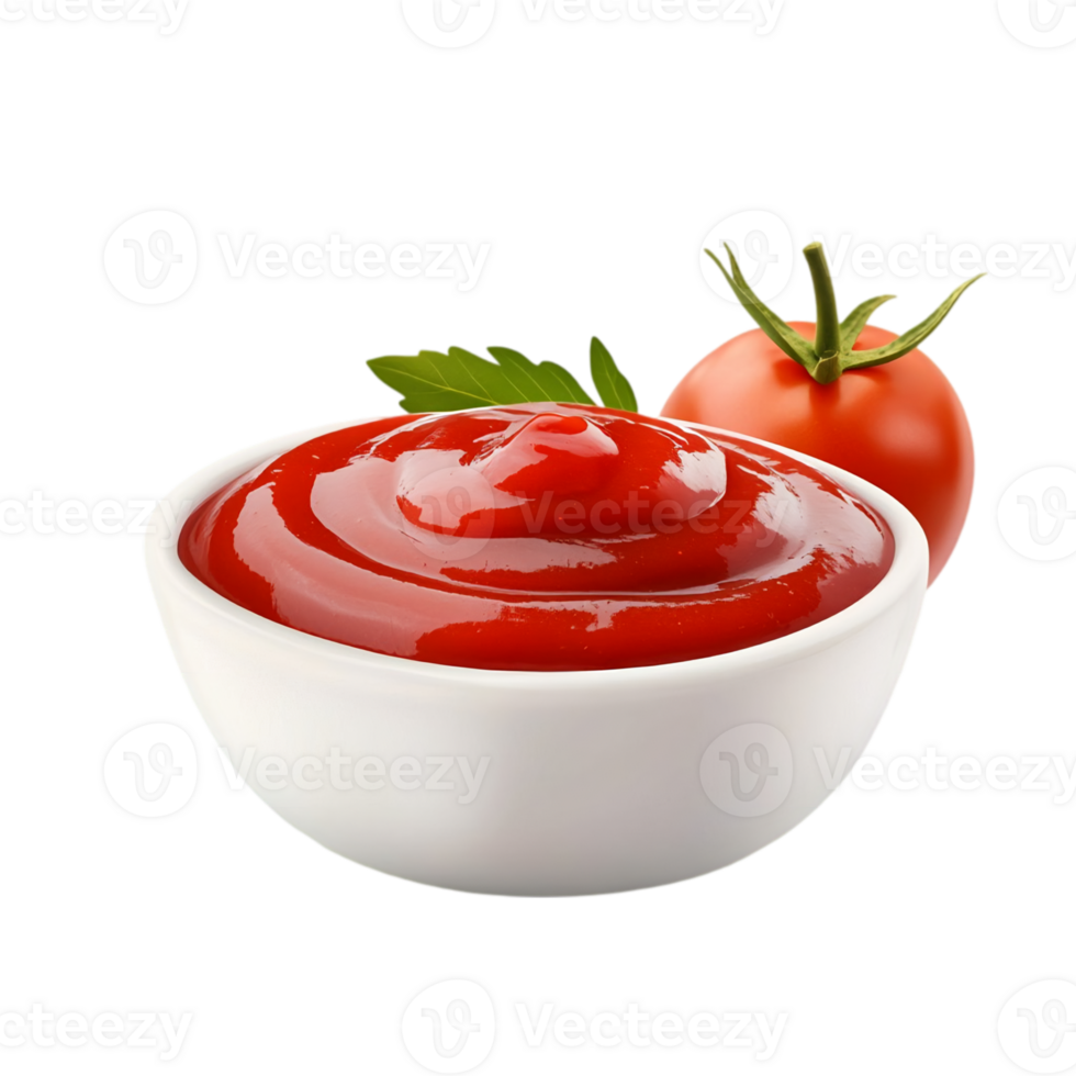 Bowl of ketchup with fresh tomato garnish isolated on transparent background png