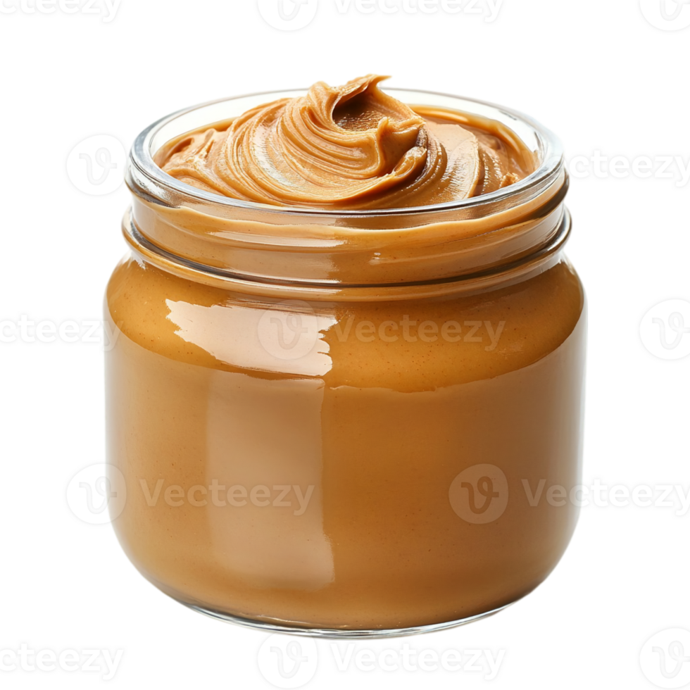 Creamy peanut butter jar product close up view isolated on transparent background png