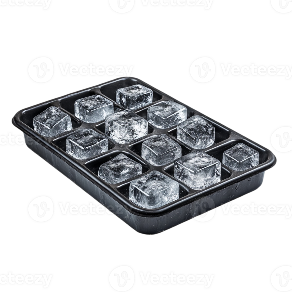 Frozen ice cubes in a black plastic ice tray isolated on transparent background png
