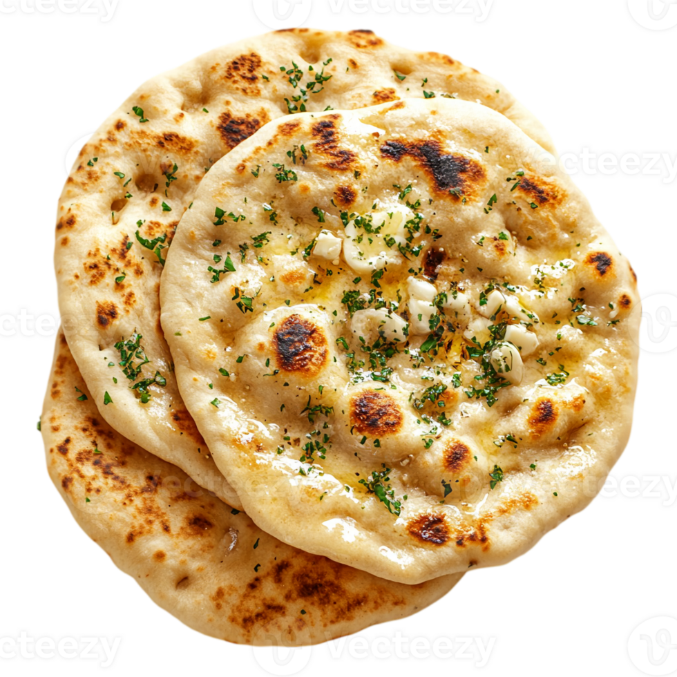 Delicious garlic naan bread stack close up food isolated on transparent background png