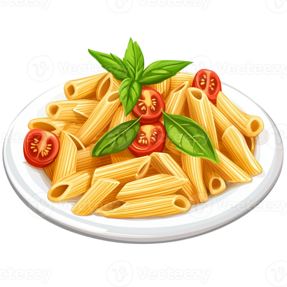Delicious penne pasta with tomatoes and basil artwork isolated on transparent background png