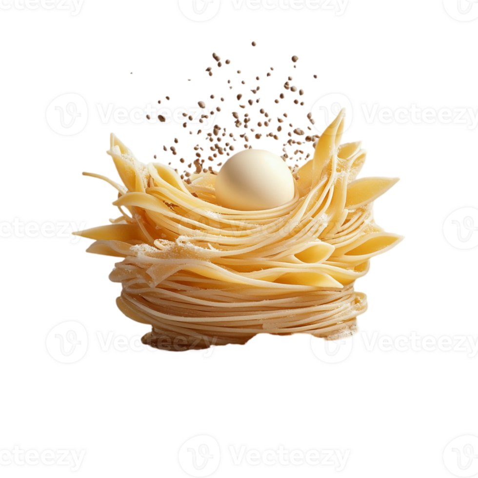 Delicious pasta nest with egg and falling breadcrumbs shot isolated on transparent background png