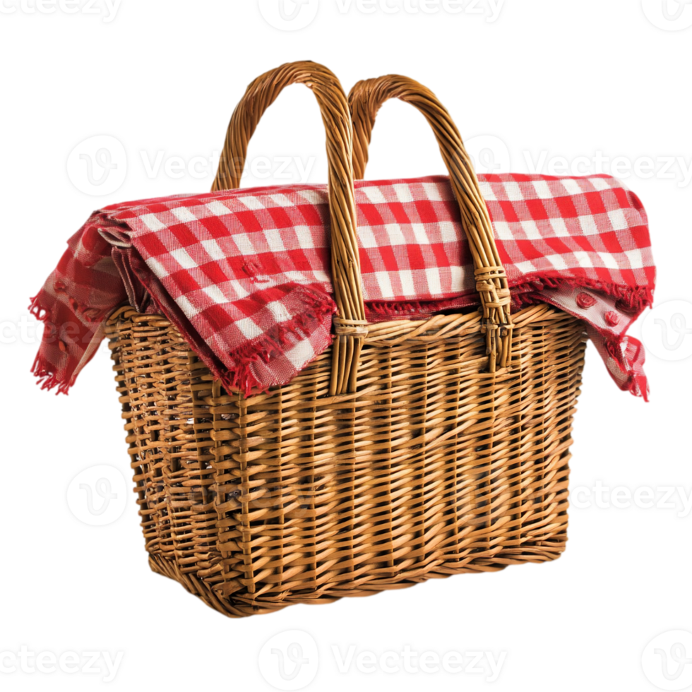 Wicker picnic basket with red and white checkered cloth isolated on transparent background png