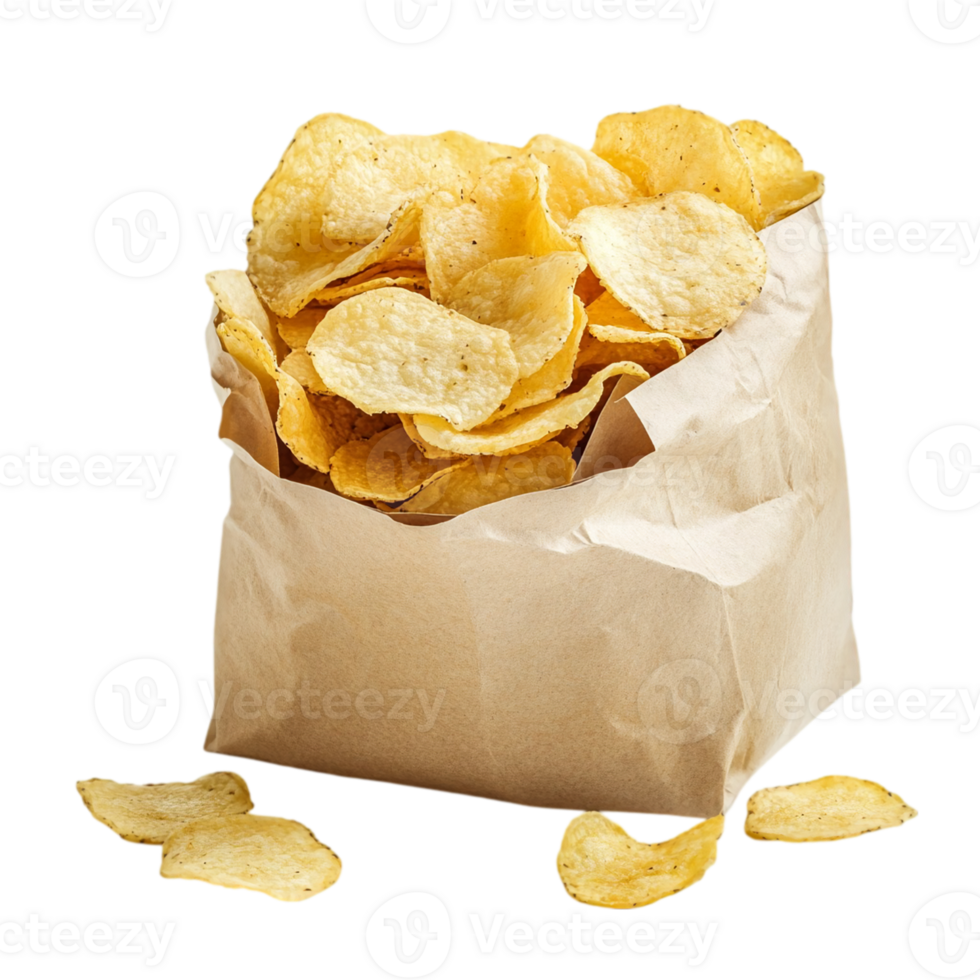 Crispy potato chips in a bag snack food still life art isolated on transparent background png