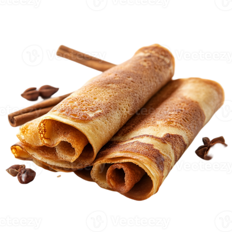 Delicious crepes with cinnamon and star anise dessert isolated on transparent background png