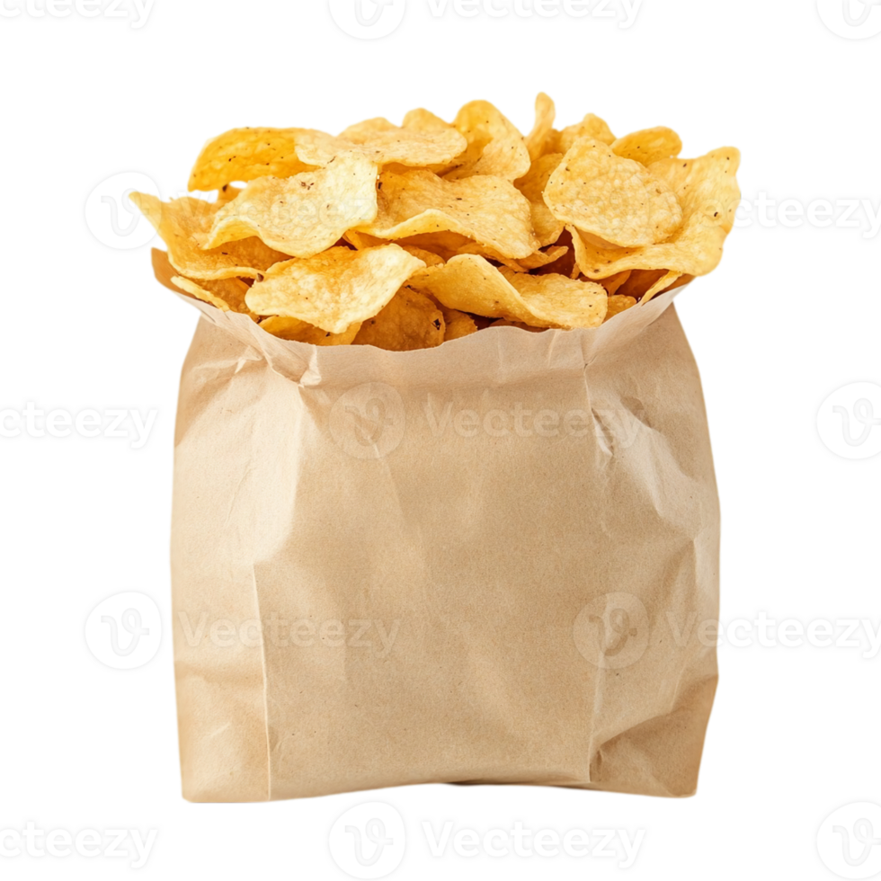 Bag of chips crispy snack food crunchy golden delicious isolated on transparent background png