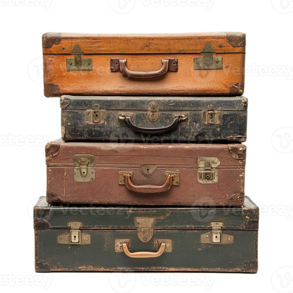 Vintage suitcases stack luggage travel baggage antique isolated on transparent background png