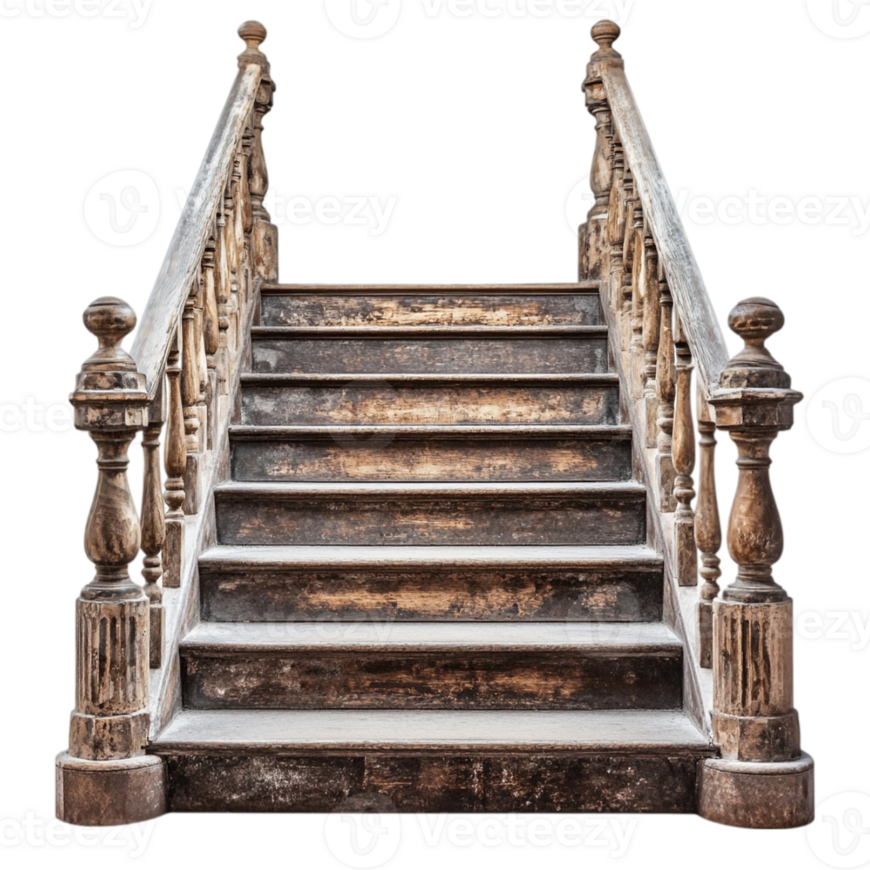 Rustic wooden staircase with ornate railing and spindles isolated on transparent background png