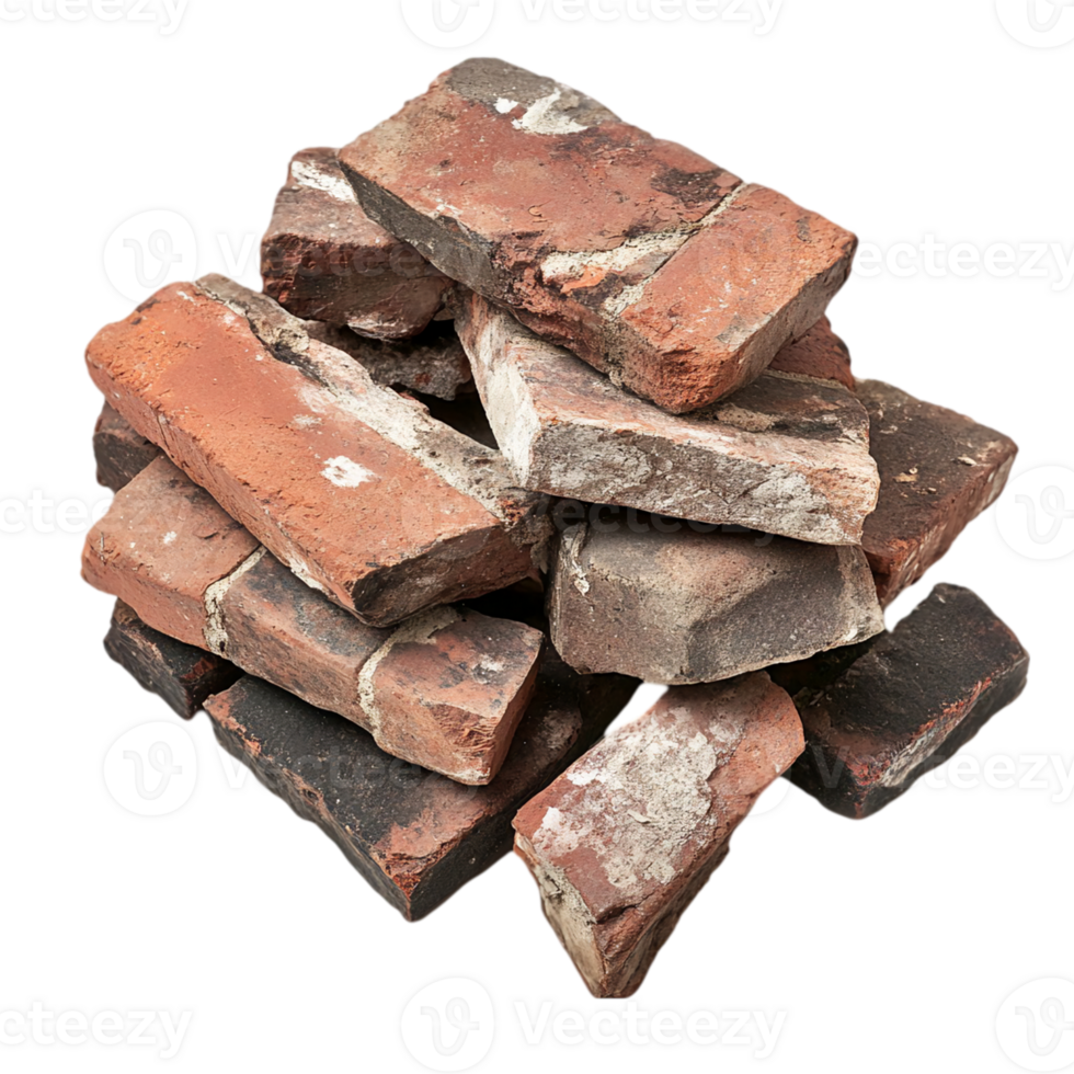 Pile of red bricks construction material architecture isolated on transparent background png
