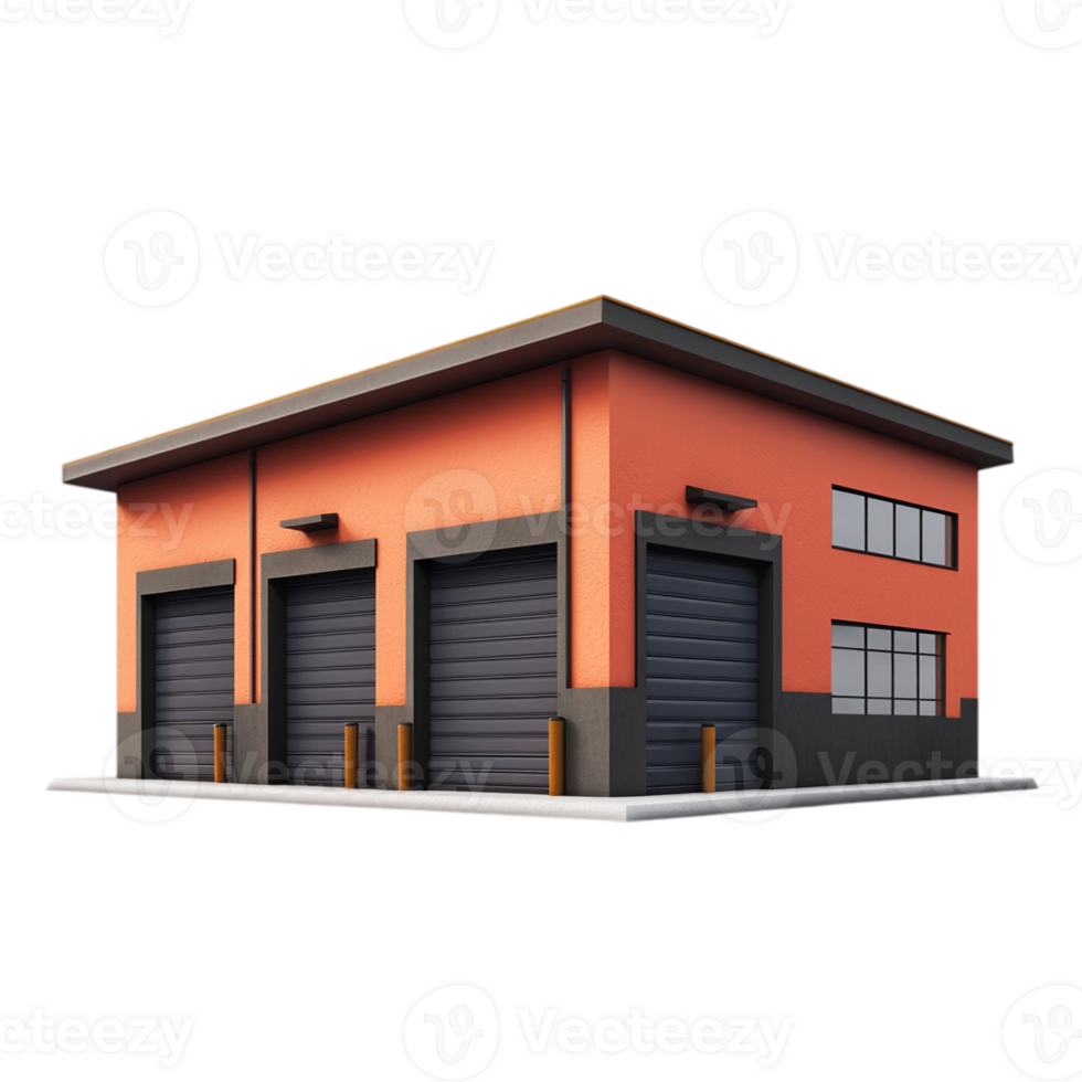 Commercial building with garage doors exterior rendering isolated on transparent background png