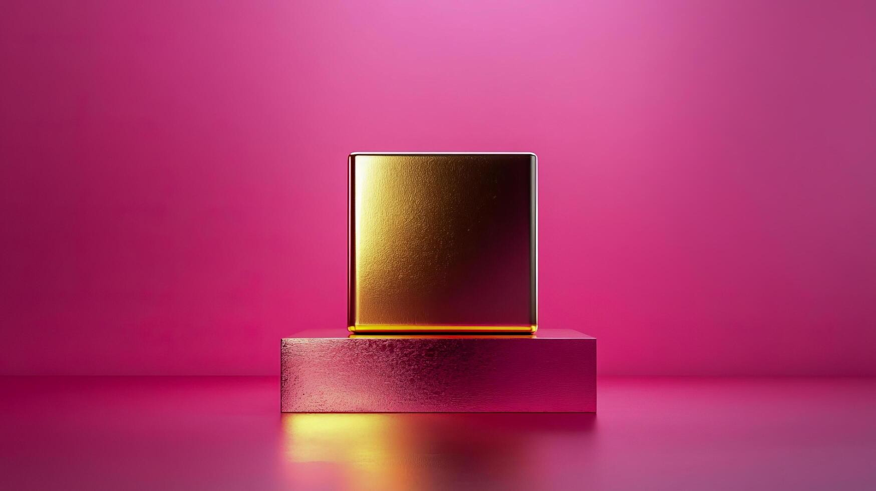 A gold colored square stands in the middle on a stand on a pink background photo