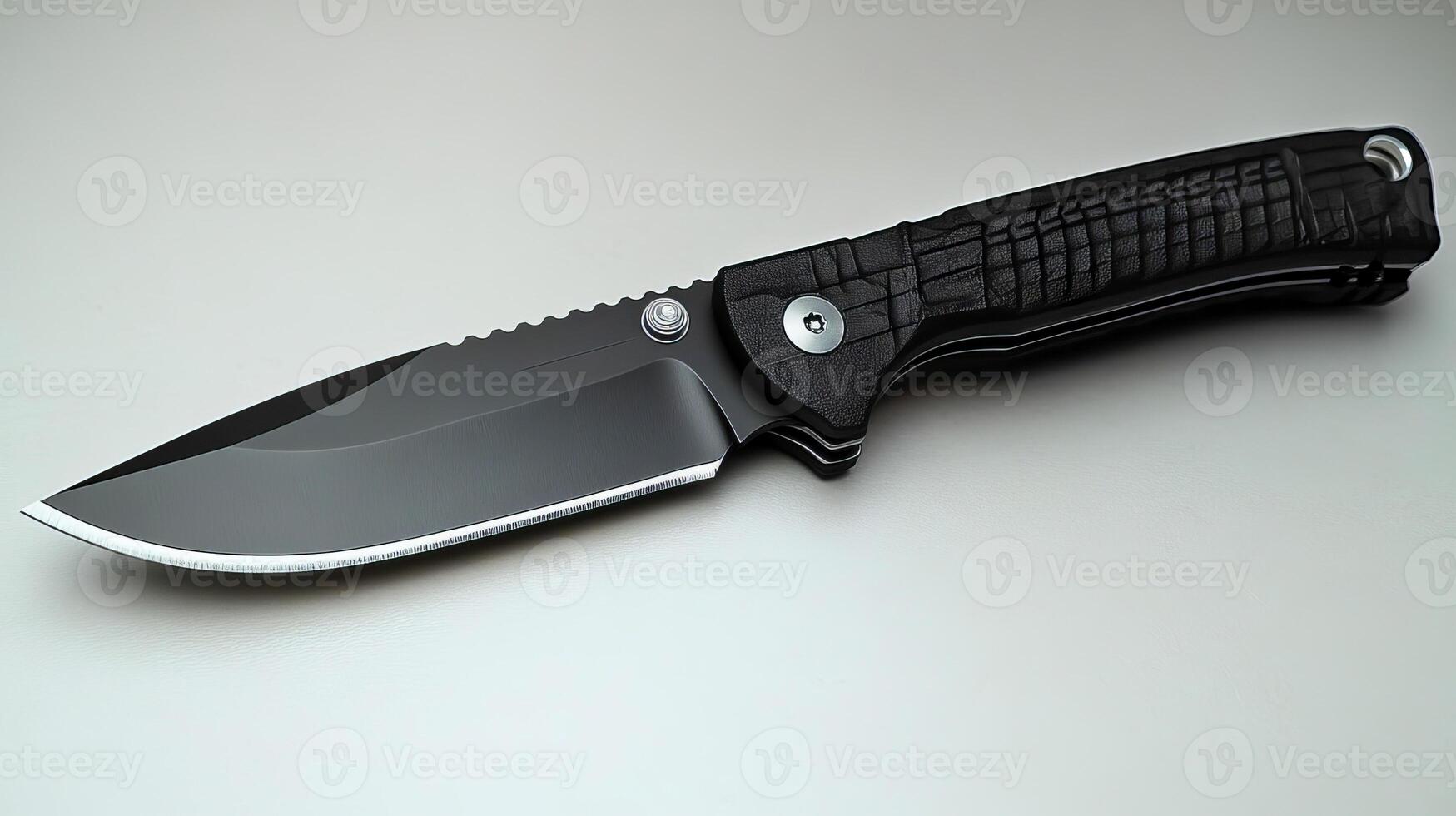 A tactical knife with a black textured handle and partially serrated blade set against a light gray background photo