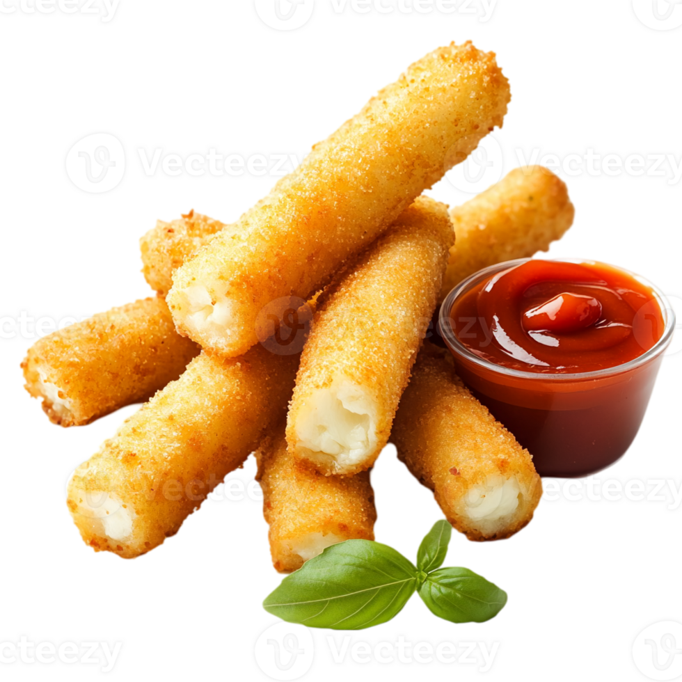 Delicious fried mozzarella sticks with tomato sauce dip isolated on transparent background png