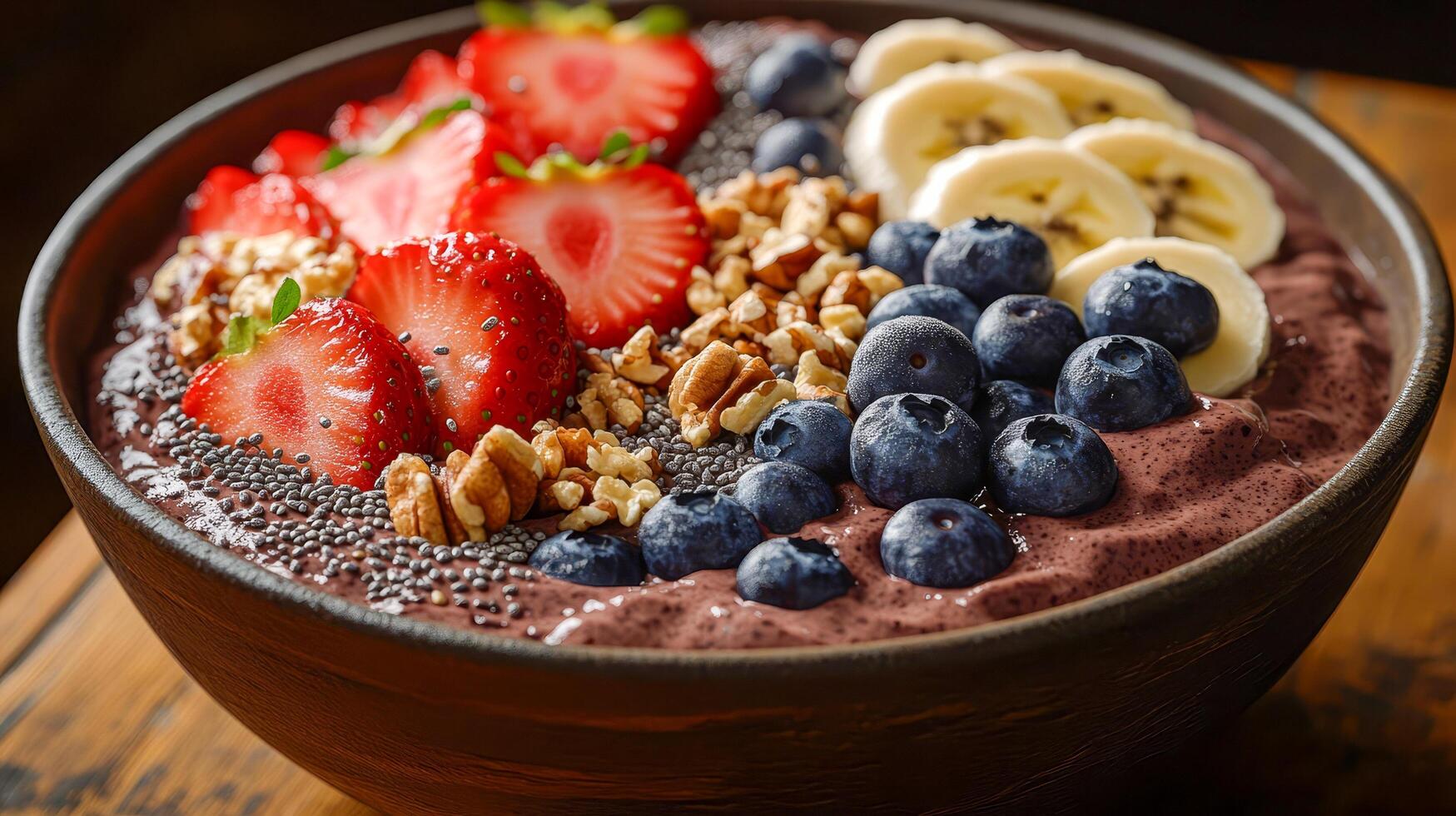 A bowl of freshly made crushed fruit with banana pieces, strawberries, blueberries and nuts photo
