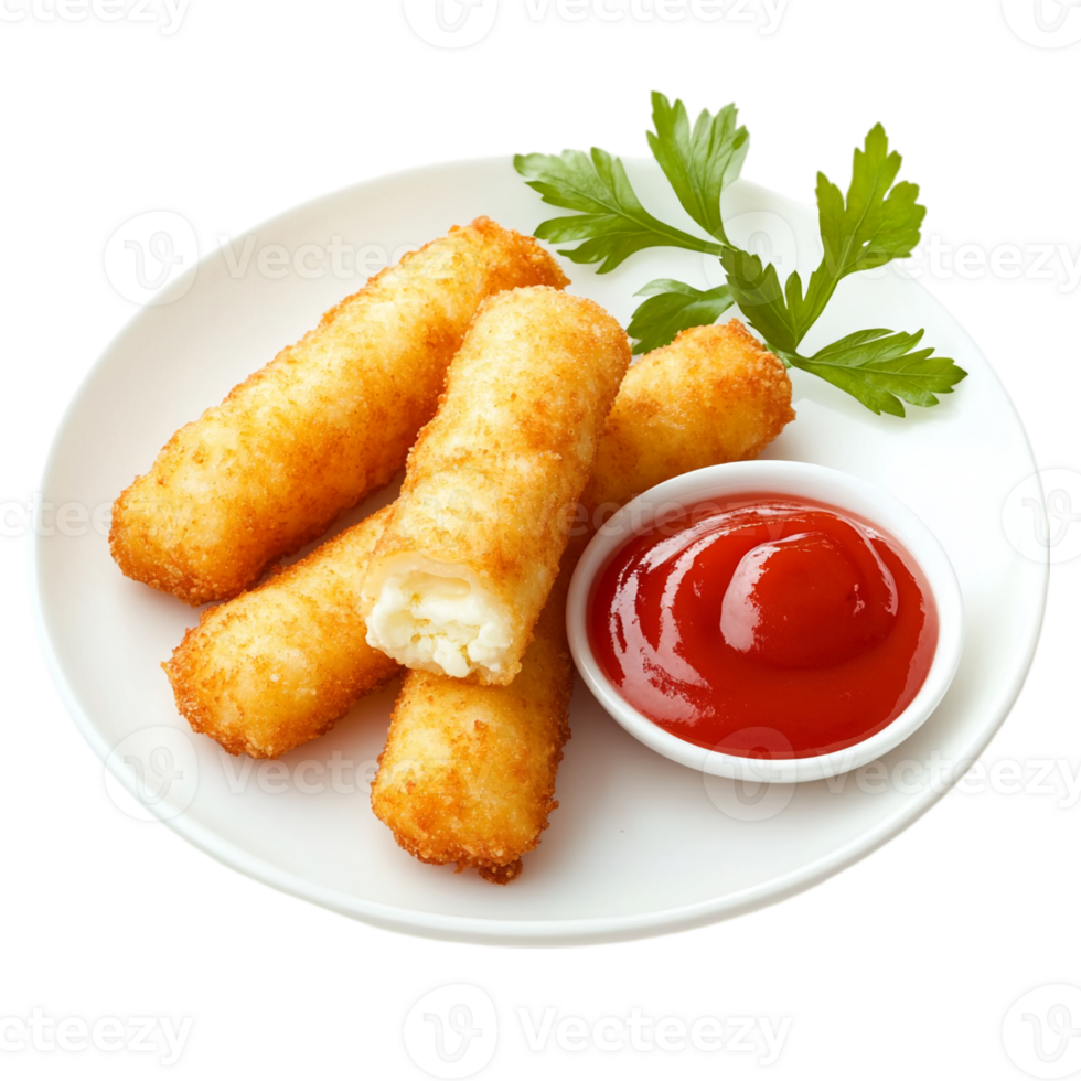 Delicious fried mozzarella sticks with tomato sauce plate isolated on transparent background png