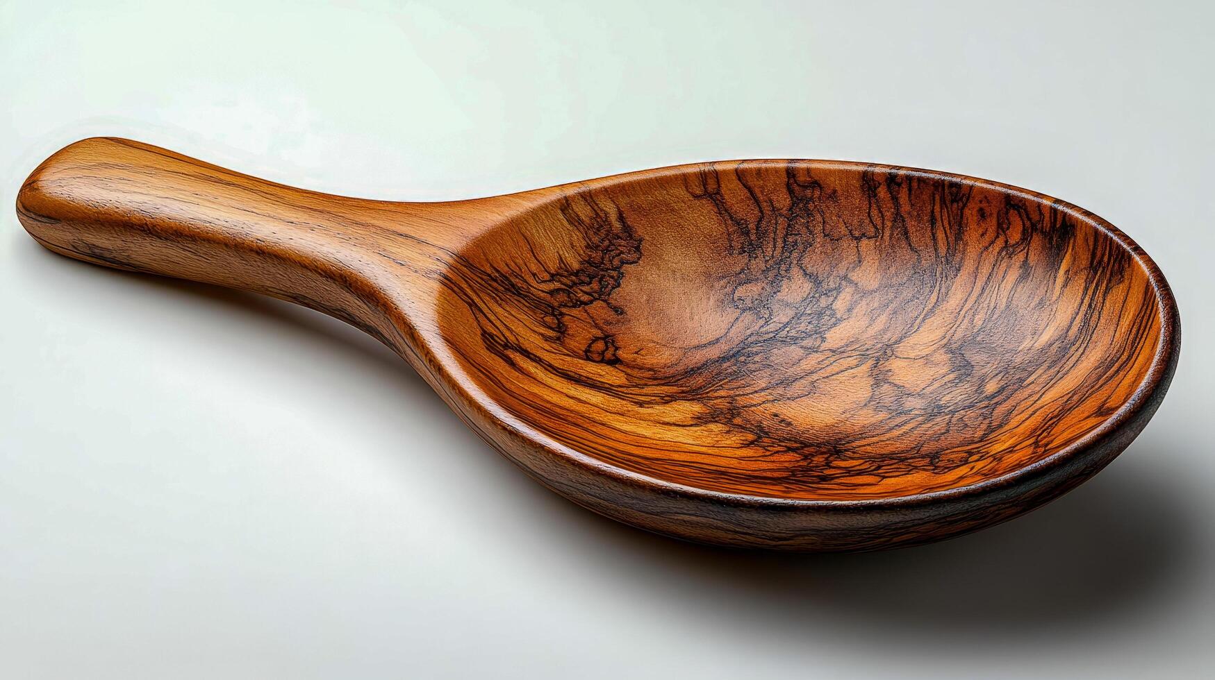 Large wooden spoon with patterns in natural finish on clean light background photo