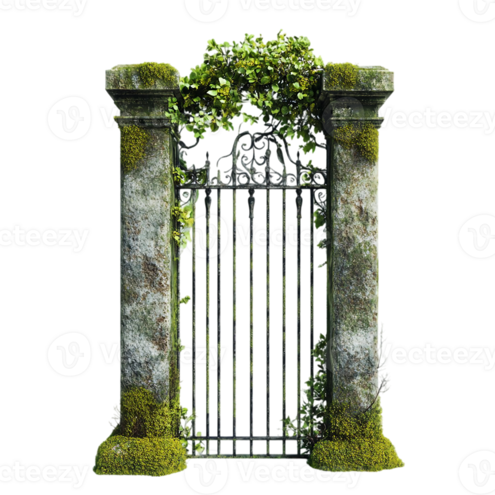 Old mossy gate entrance with stone pillars and foliage isolated on transparent background png