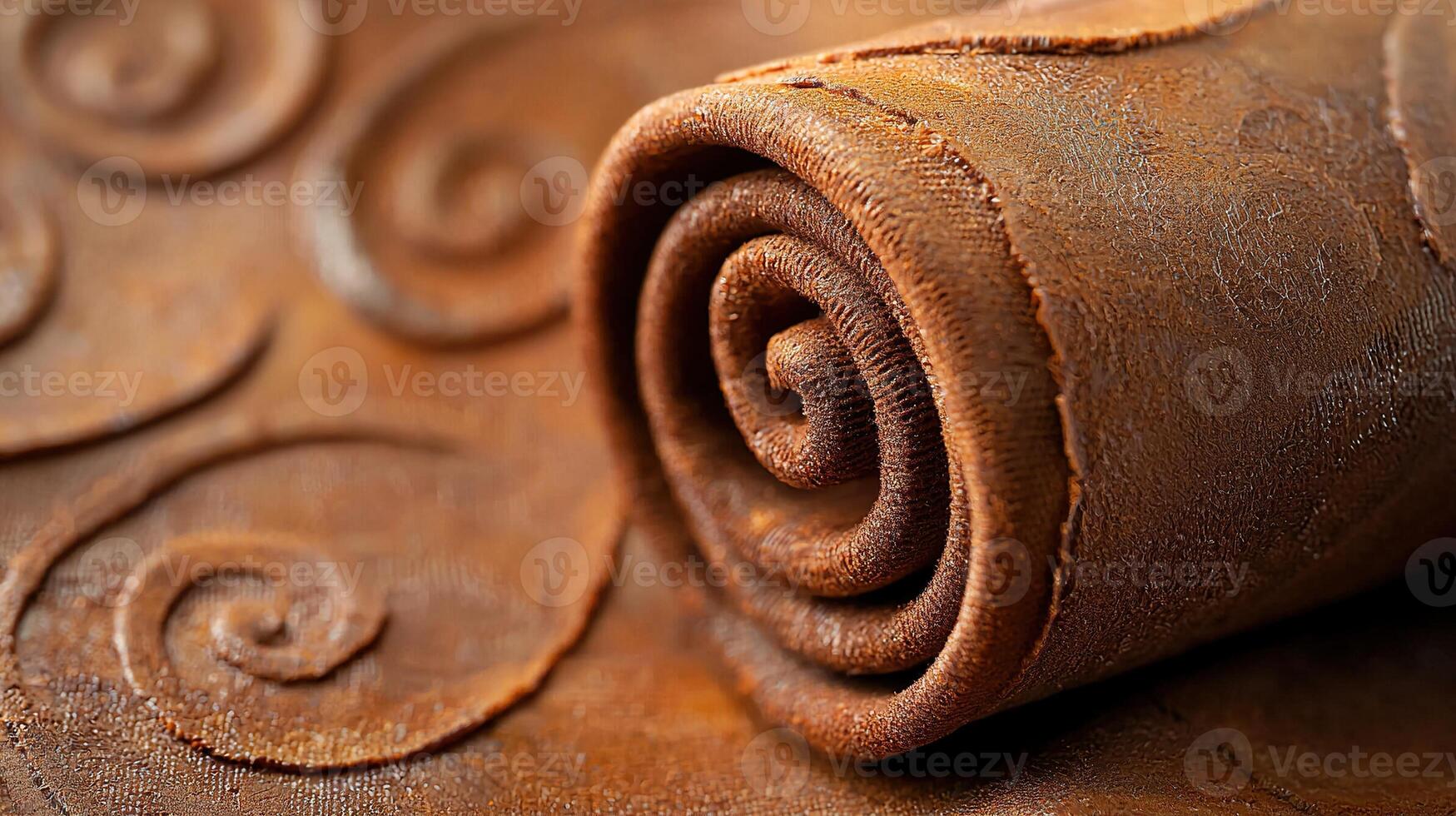 Beautifully detailed brown leather roll with swirling patterns on display photo