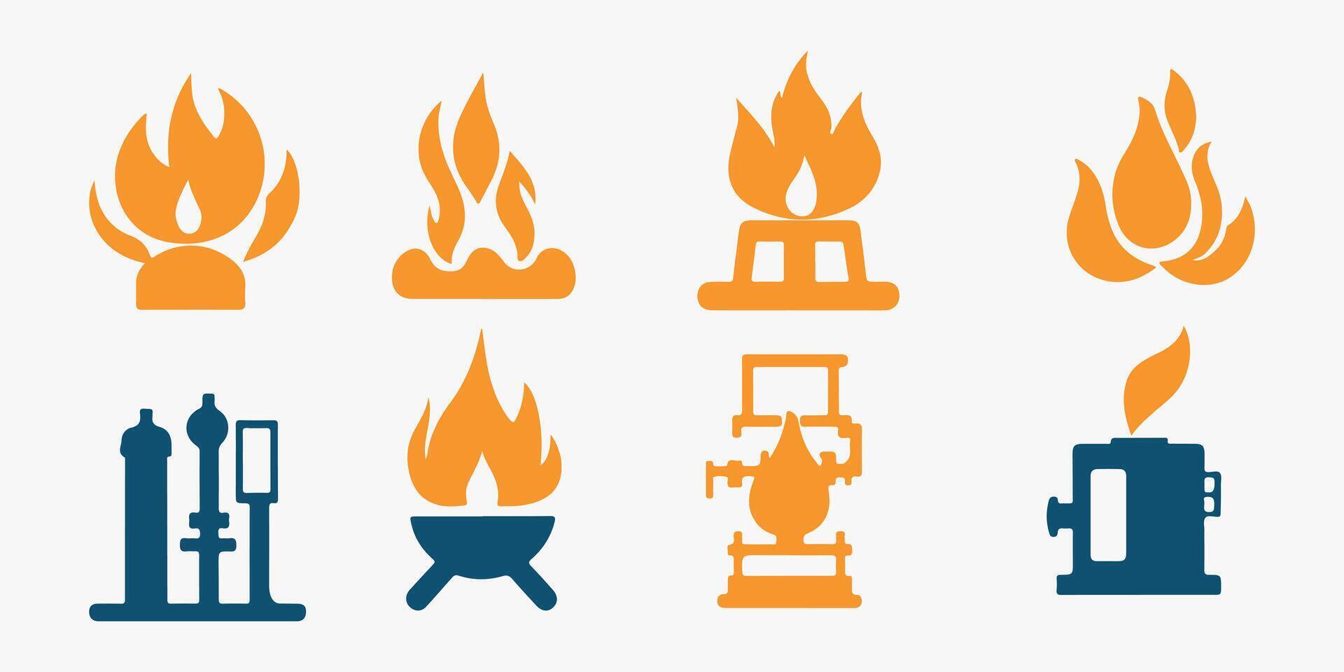 illustration of various fire flames and gas burners for camping and industrial applications use vector