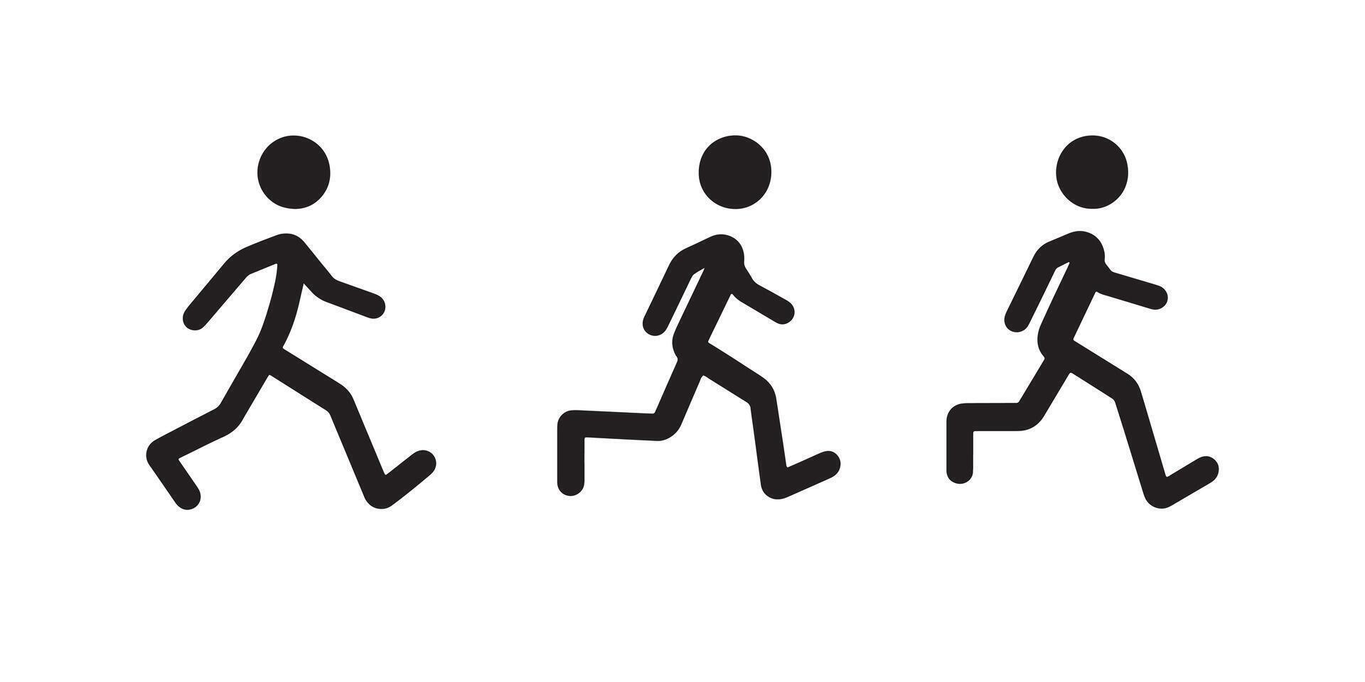 Stick figure running man icon runner symbol silhouette person jogging exercise sport athlete motion 100m dash vector