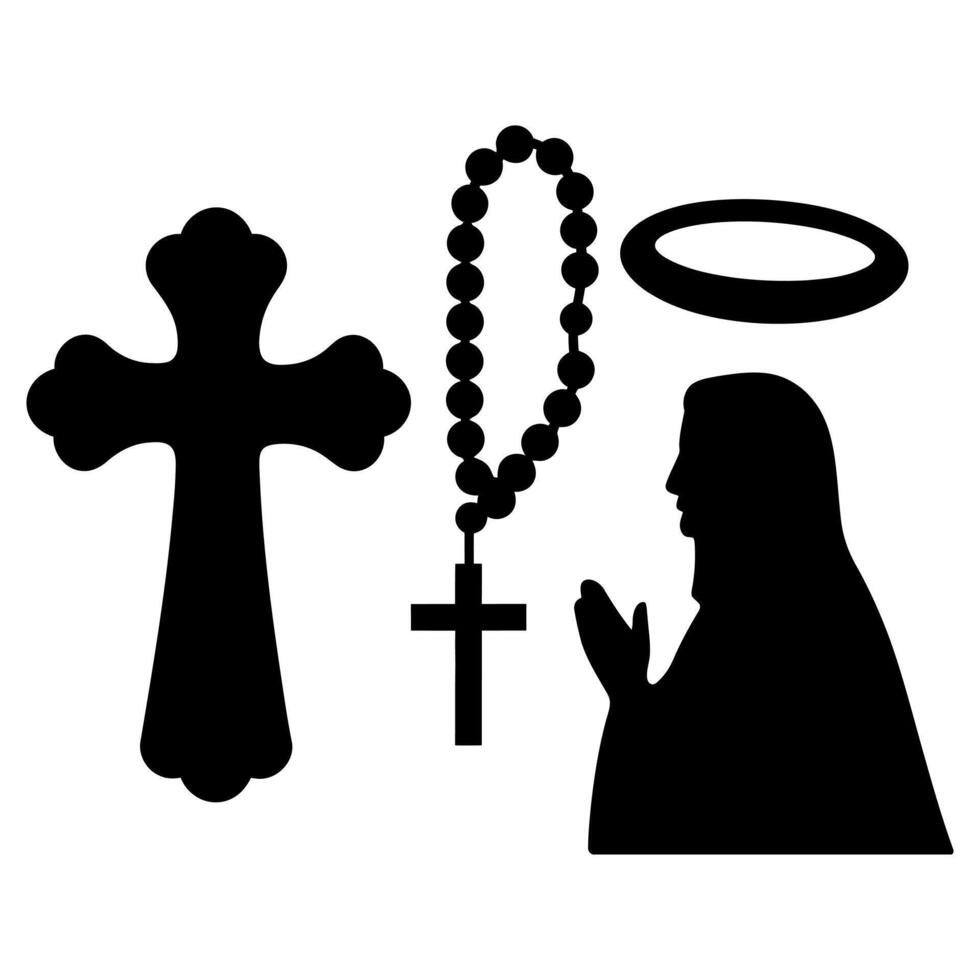 Christian cross rosary beads praying silhouette faith religion spirituality belief hope god jesus christ vector