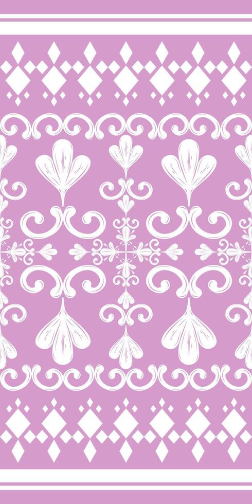 Delicate Luxury Lilac Pattern Detailed of White Ornament And Geometric Design Stripe. Elaborate Wealth Victorian Damask Pastel Feminine Border Sweetly Embroidery Handicraft Decoration for Silk Fabrics vector