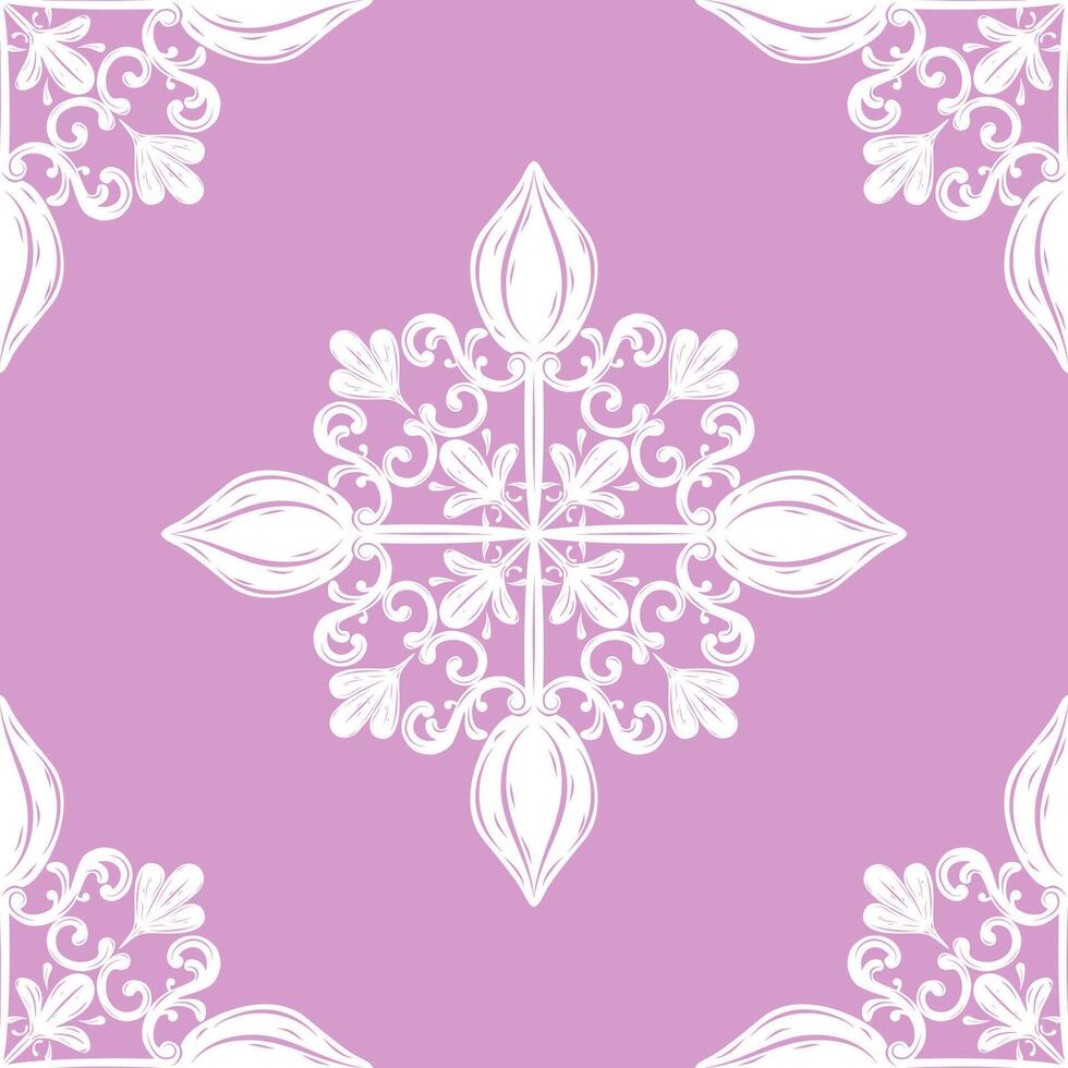 Damask Lace Monogram Luxury Decoration Seamless Pattern. Beautiful Rich Detailed White Filigree Scroll Ornament Florals Botany on Lilac Background for Interior Wallpaper Cover Brocade Silk Embroidery vector