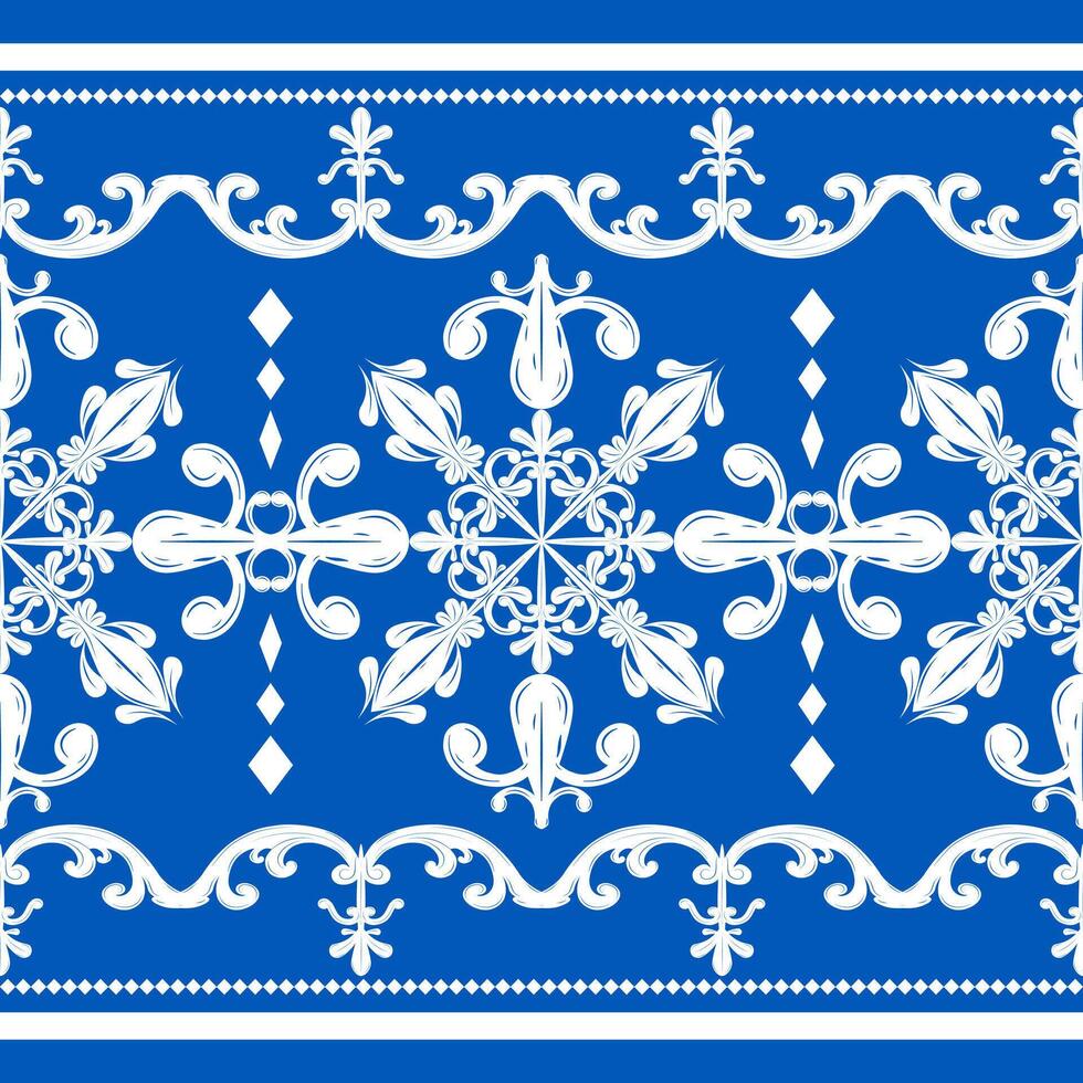 Miraculously Classic Indigo Blue With White Silk Weaves Baroque Fleur de lis Decoration Pattern. Elegance Luxury Scroll Ornament and Geometric Exquisitely Flawless Detailed Neatly Craft Fabrics Border vector