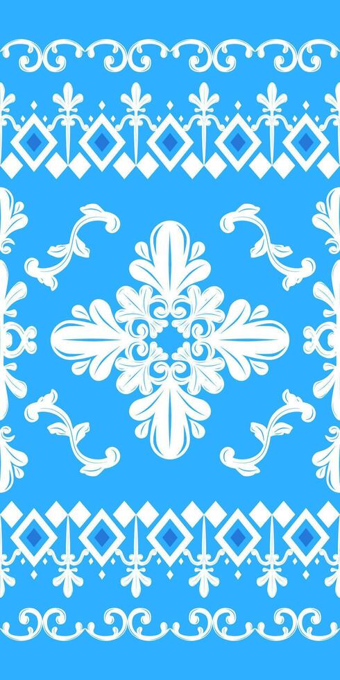 Classy Baroque Victorian Elegance Royal Silk White Ornament Decoration on Blue Background. Detailed of Curly Scroll Ornate with Opulence Luxury Style for Delicate Design Lace Embroidery Border Pattern vector