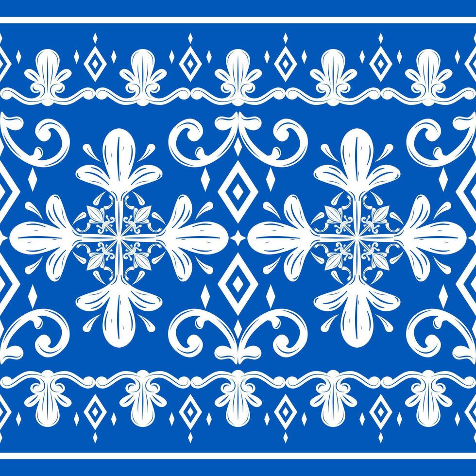 Artistic Fleur de lis Ornament on Royal Blue Background. Elaborate Elegance Victorian Ages Delicate Pattern Border. Beautiful Snowflakes Scroll Embroidery with White Silk Weaves Geometric Decoration vector