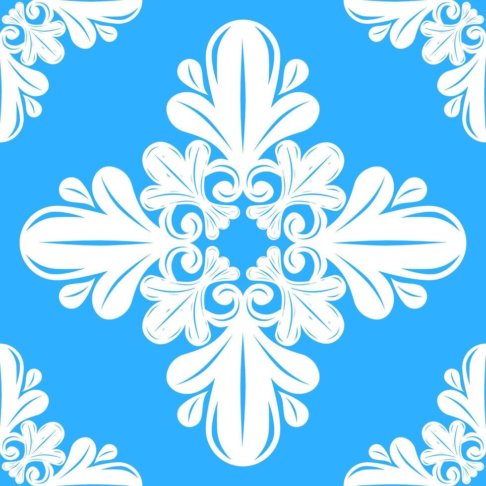 White Florals Luxury Delicate Ornament on Light Blue Sky Background Elaborate Detailed Victorian Winter Snowflakes Scroll Element Seamless Pattern for Expensive Rich Style Fabrics Textiles Attire Lace vector