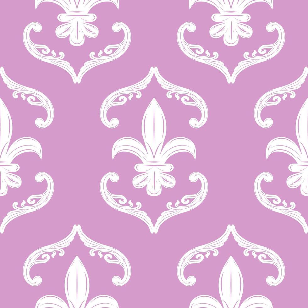Classical Detailed of Flourish Lily Damask Ornament with White Silk Weaves on Pastel Lilac Background. Gentle Elaborate Scroll Seamless Pattern for Fabrics Wallpaper Scarf Handkerchief Men Attire Lace vector