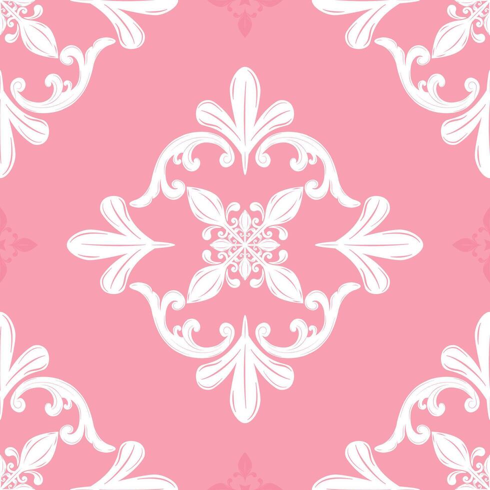 Beautiful Sweetly Elegance Whitework on Pink Background Motif Damask Seamless Pattern for Luxury Delicate Decoration. Classy Victorian Filigree Scroll Rich Opulence Ornament Silk Embroidery Wallpaper vector