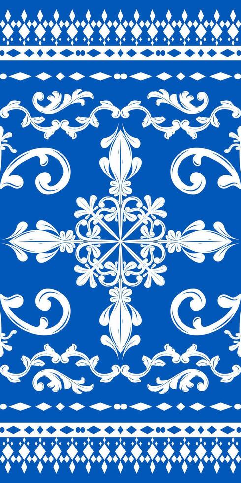 Exquisitely High Class White and Royal Blue Brocade Embroidery Silk Weaves Traditional Rococo Design Border Seamless Pattern. Haute Couture Scroll Ornate Geometric Decoration for Luxury Cotton Curtain vector
