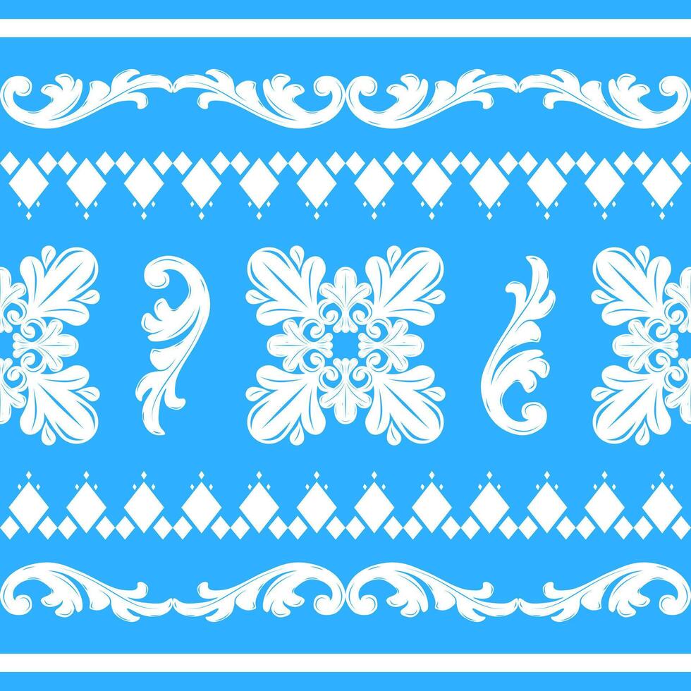 Beautiful White Silk Weaves On Light Blue Background Pattern Decoration Exquisite Detailed Embroidery Lace Border Scroll Ornament Victorian Baroque Style Taste of Regency Nobel with Geometric Element vector