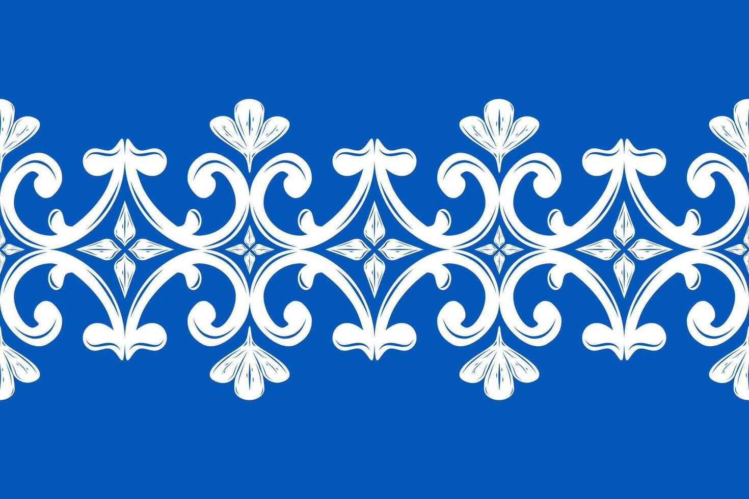 Elaborate Luxury White Floral Silk Weaves Scroll Ornament Embroidery on Royal Blue Background Exquisitely Detailed Border Seamless Pattern for Elegance Design Decoration Leaf Petals Lace Rococo vector