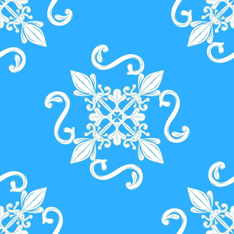 Elegance Frozen White Snowflakes Element Scroll Ornament on Blue Background. Beautiful Luxury Victorian Style Seamless Pattern Decoration for Bedding Wallpaper Backdrop Handkerchief Fabrics Lace Silk vector