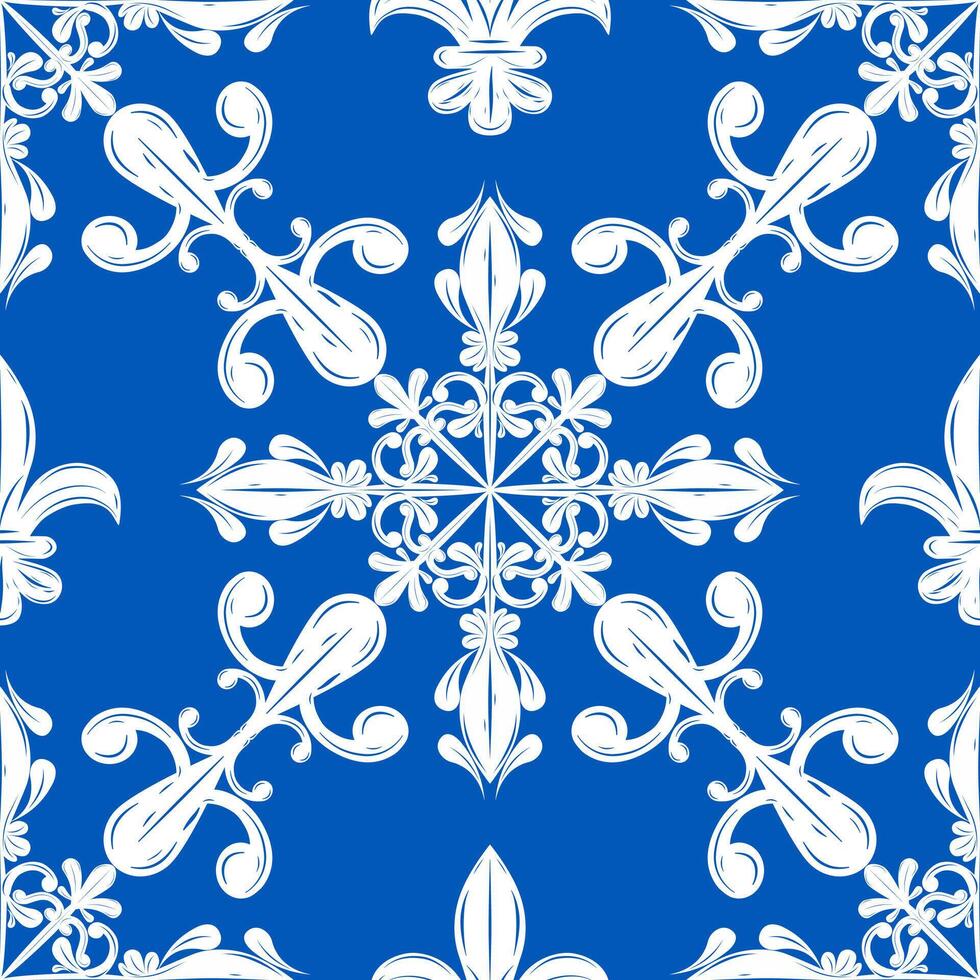 Beautiful Victorian Damask Decoration White Scroll Ornate on Royal Blue Background Border Delicate Elegance Timeless Rococo Fashion Expensive Rich Style Detailed Snowflakes Winter Silk Lace Embroidery vector