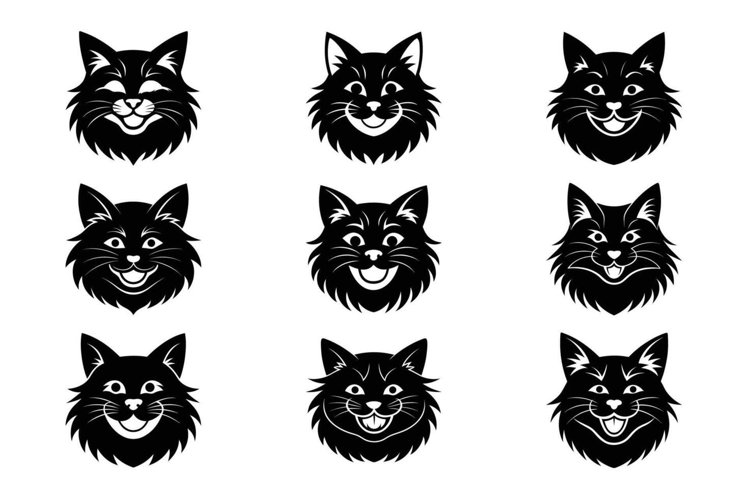 Maine Cat Smile Face Silhouette Graphic Art Set Bundle Collection vector