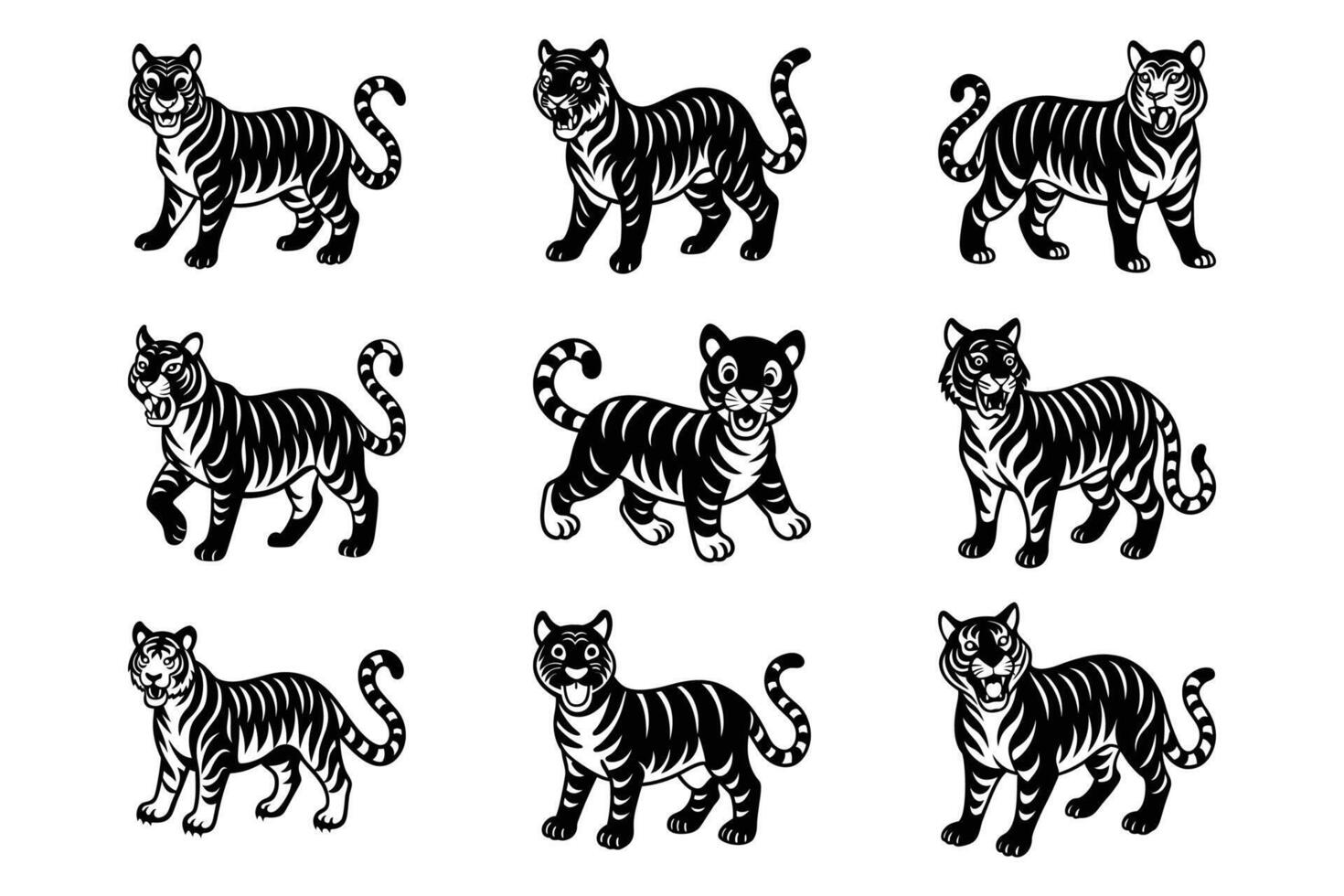 Tiger Playfulness Icon or silhouette Graphic Art Set Bundle Collection vector